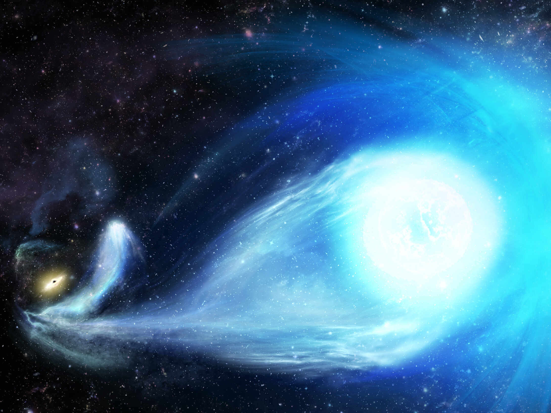 An artist’s impression of S⁵-HVS1’s ejection by Sagittarius A*, the black hole at the center of the Galaxy. The black hole and the captured binary partner to S⁵-HVS1 are seen far away in the left corner of the picture, while S⁵-HVS1 is in the foreground, speeding away from them. <br/><br/>(Credit: James Josephides • Swinburne Astronomy Productions)